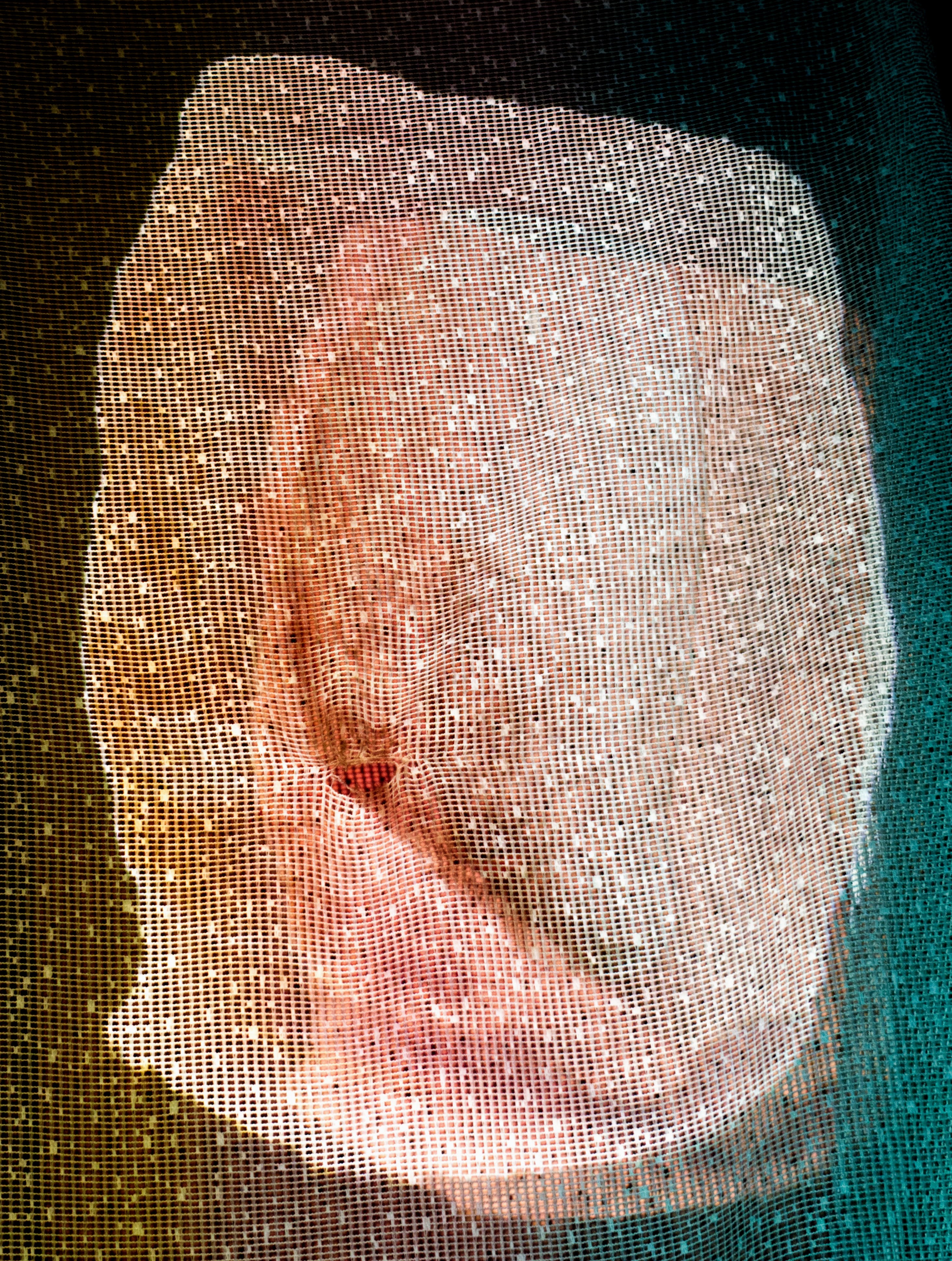 A still from a video of algorithimically generated stones projected onto a lace mesh